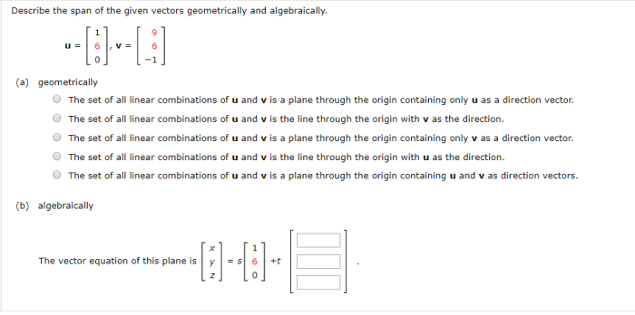 Describe the span of the given vectors geometrically and algebraically